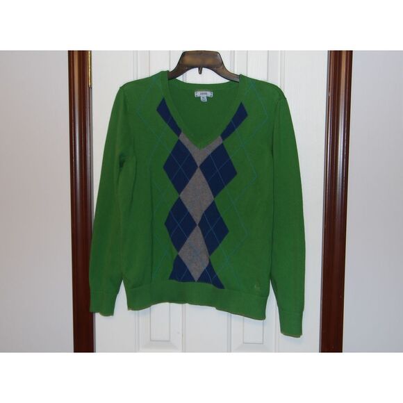 IZOD Green V-Neck Argyle Sweater Classic Preppy‎  Blue Gray Diamond Pattern XL - Picture 1 of 4